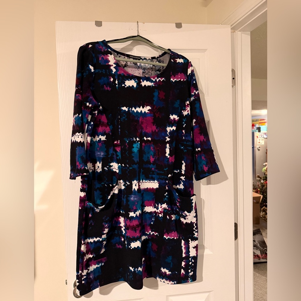 Nina Leonard Black and Purple Long Sleeve Dress